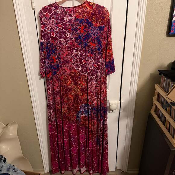 Soft Surroundings Maxi Dress Short Sleeve Pink Red Boho Print V-Neck 3X - Picture 4 of 8